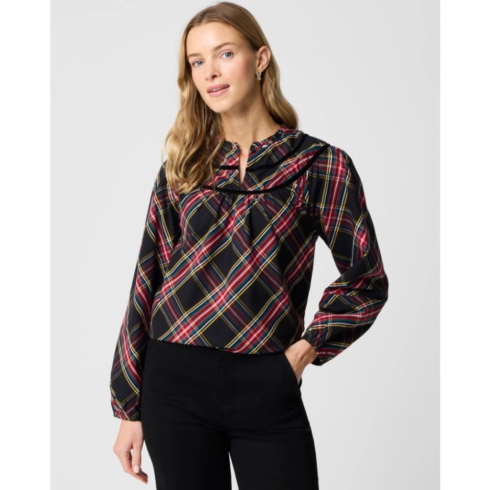 J Crew Tartan Poplin Top NWT Womens Size 3X Red Black Plaid Split Neck Peasant